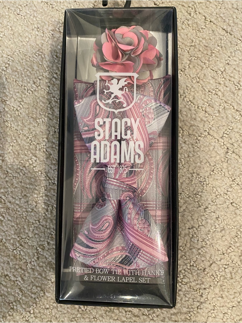 Stacy Adams Pink and Silver Paisley Pre-Tied Bow Tie Set with Floral Lapel